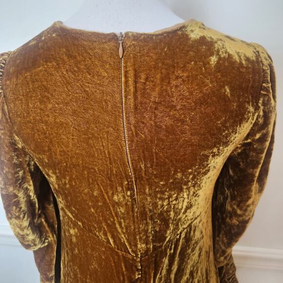 Beatrice B Dress XS Womens Midi Gold Velvet Regency Ruched Sleeve Grunge Fairy - Picture 7 of 9